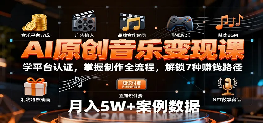 AI原创音乐变现课：学平台认证，掌握制作全流程，解锁7种赚钱路径