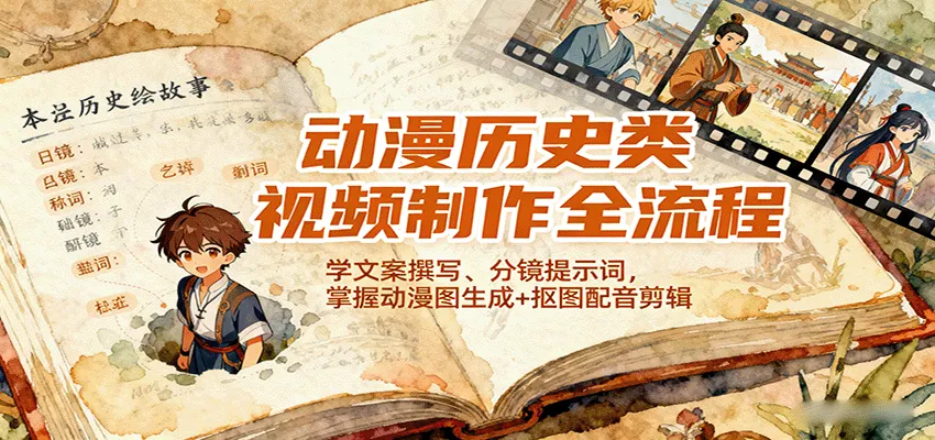 动漫历史类视频制作全流程，学文案撰写、分镜提示词，掌握动漫图生成+抠图配音剪辑