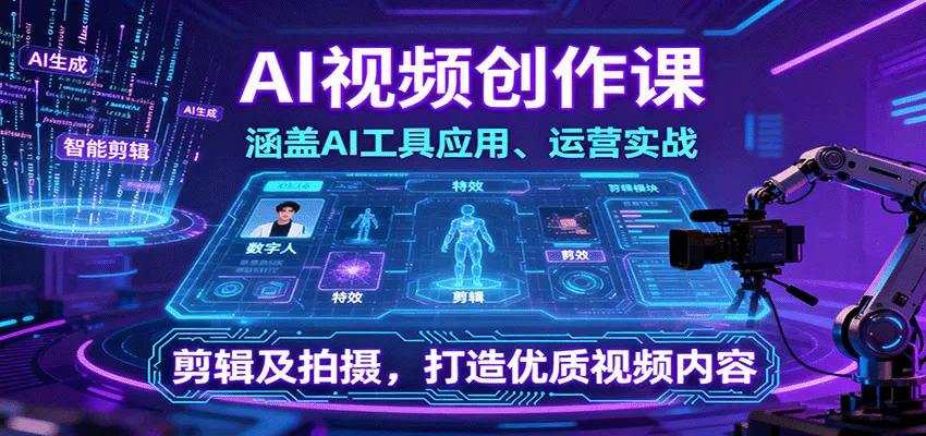 AI视频创作课，涵盖AI工具应用、运营实战、剪辑及拍摄，打造优质视频内容
