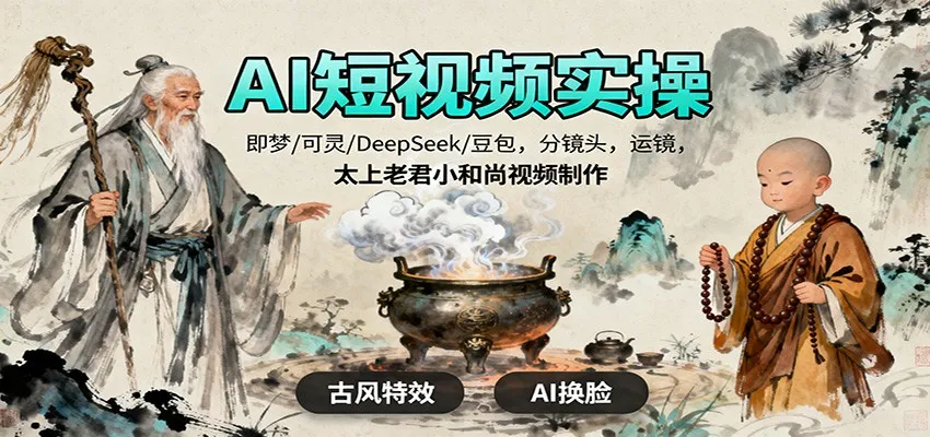 AI短视频实操，即梦/可灵/DeepSeek/豆包，分镜头，运镜，太上老君小和尚视频制作