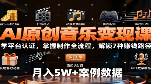 AI原创音乐变现课：学平台认证，掌握制作全流程，解锁7种赚钱路径