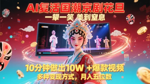 AI复活国潮京剧花旦，一颦一笑美到窒息，10分钟做出10W+爆款视频，多种变现方式